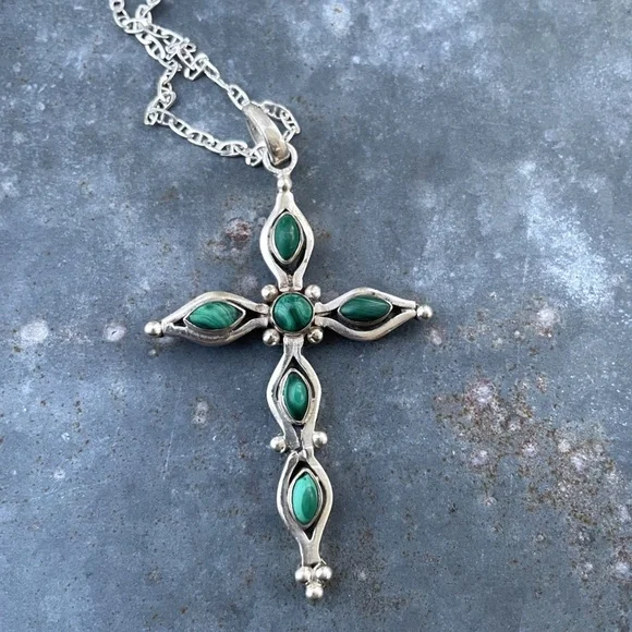 Malachite Cross Sterling Silver Necklace 24" - Picture 3 of 3